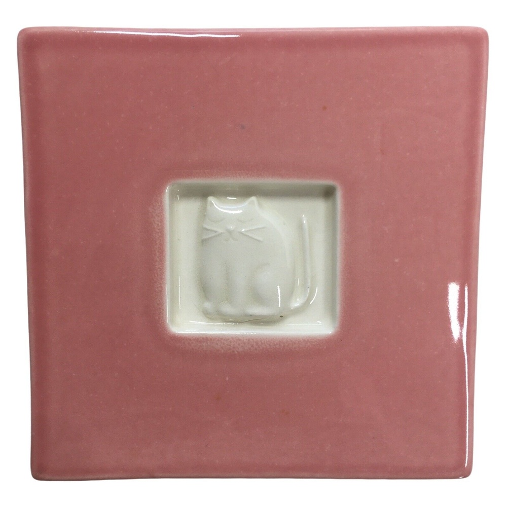 Vintage Treasure Craft Cat Kitten Glazed Trivet Rose Pink Mid Century 6" X 6"